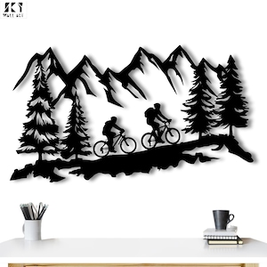 Mountain Biking Metal Wall Art: Cyclists in Forest, Adventure Decor