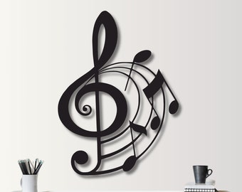 May include: Black metal wall art featuring a treble clef and musical notes. The design is intricate and detailed, with a modern and minimalist aesthetic.