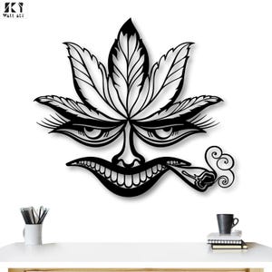 Funny Smiling Leaf Face Metal Wall Art: Stoner Decor