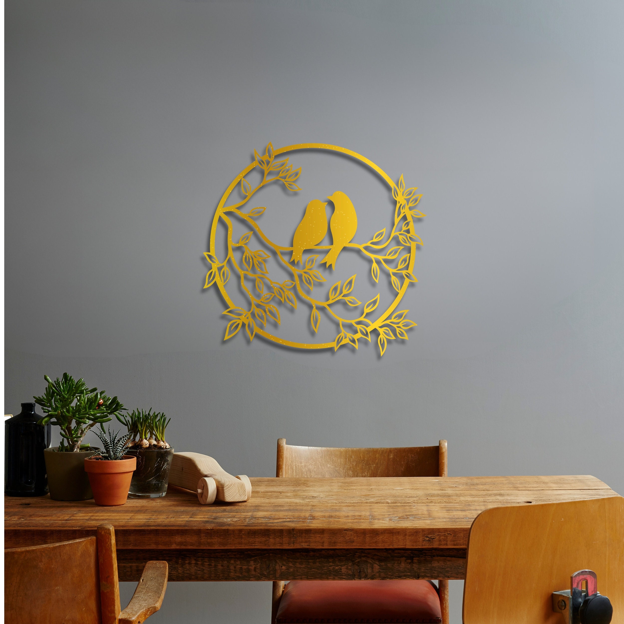 Birds on Branch Metal Wall Art: Rustic Home Decor, Round Framed Wall ...
