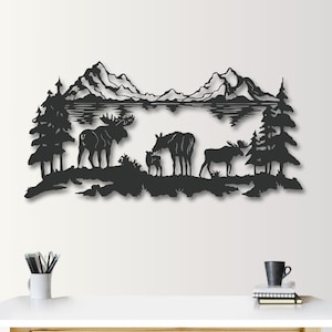 Moose Family Metal Wall Art: Mountain Lake Silhouette Decor