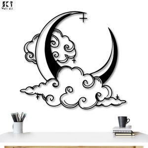 Halve maan metalen muurkunst, modern wolk- en maandecor voor slaapkamer, woonkamer of kantoor, maan en wolken metalen muurkunst, maanmuurkunst