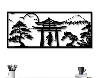 Samurai Metal Wandkunst: Japanisches Torii Tor, Fuji & Bonsai