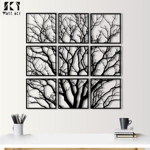 Tree Branch Metal Wall Art, Multi-Panel Modern Wall Decor,Nature-Inspired Home Decoration, Black Metal Tree Silhouette, Extra Large Wall Art