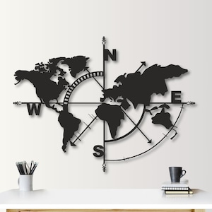 Metall Weltkarte mit Kompass, Moderne Wandkunst für Reisende, Kompass Wandkunst mit Weltkarte, Stilvolle Metall Weltkarte, Globe Trotter Dekor