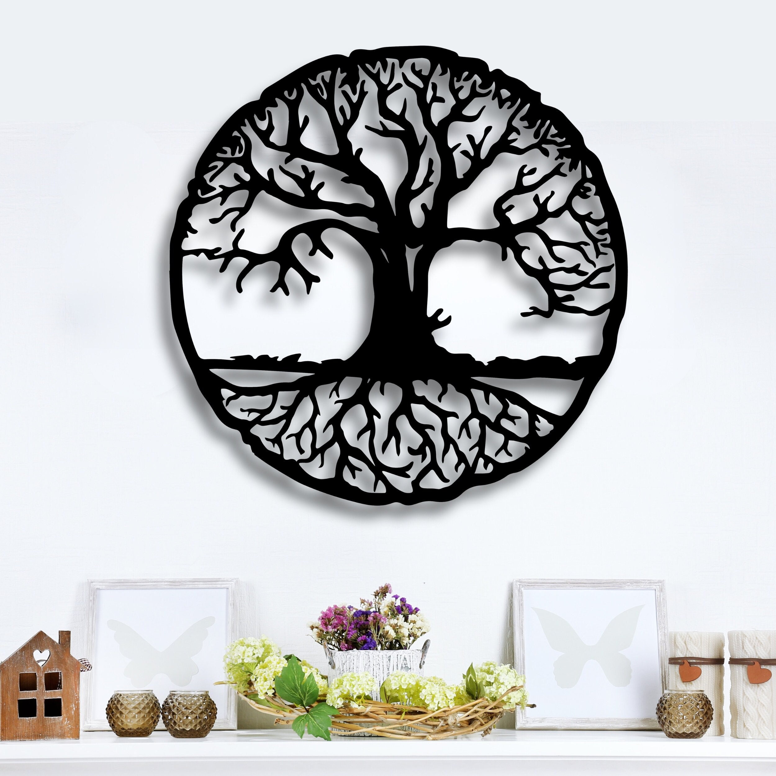 Tree Of Life Metal Wall Art - 12" Round Black Iron Sculpture With Birds, Decor For Living Room, Bedroom, Office