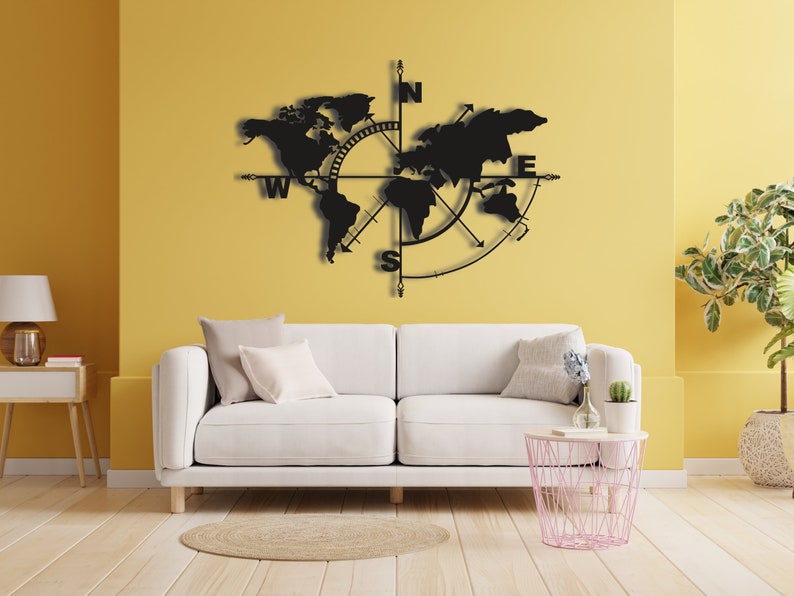 Metal Map Wall Decor World Map Compass Continent Metal World Etsy