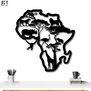 Safari Animals Africa Map Metal Wall Art: Wildlife Silhouette