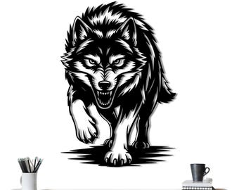 Muurkunst zwarte stalen wolf: hutdecor wildernis