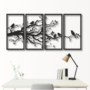 Metal Tree of Life Wall Art: 4-Panel Bird Branch Design