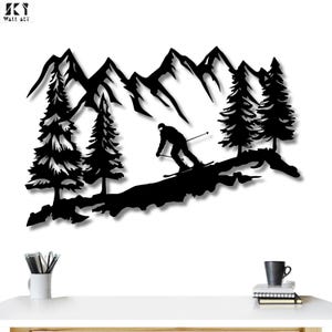 Skiing Mountain Metal Wall Art: Rustic Adventure Decor