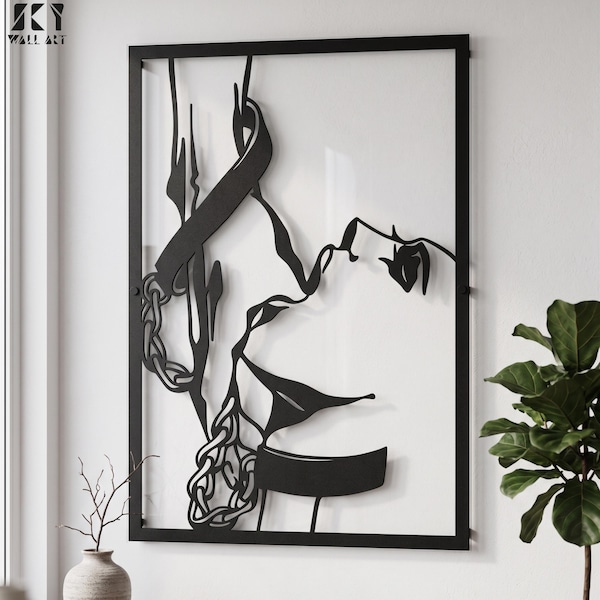 Metalen muurkunst abstracte kinky vrouw verslikt raken, BDSM-vrouw in kettingen, BDSM-vrouw metalen muurkunst, BDSM-vrouw metalkunst, erotische muurkunst