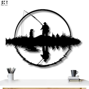 Decorazione murale in metallo con pescatore e cane, decorazione da parete per casa sul lago, silhouette artistica da esterno, regalo per lago o baita, regalo per amanti della vita all'aria aperta, arte fatta a mano