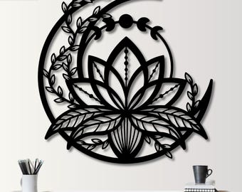 Lotus and Moon Metal Wall Art: Zen Spiritual Decor