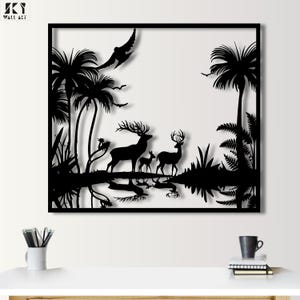 Handmade Metal Deer Wall Art: Exotic Safari Palm Tree Landscape
