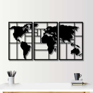 3 Panel Metall Weltkarte Wandkunst, große Metall Weltkarte für Wohnkultur, Einzigartiges Geschenk für Reisende, Metall Weltkarte für Wohnzimmer Dekor