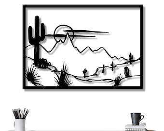 Arte mural metálico del desierto / Decoración de paisaje de cactus / Escultura mural moderna del suroeste / Adorno de pared con atardecer en la montaña / Diseño de paisaje del oeste