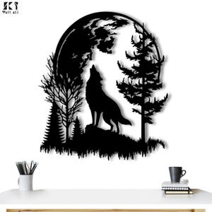 Rustic Forest Silhouette Decor for Nature Lovers, Howling Wolf Wall Hanging, Moonlit Forest Scene Metal Art, Wolf and Moon Metal Wall decor