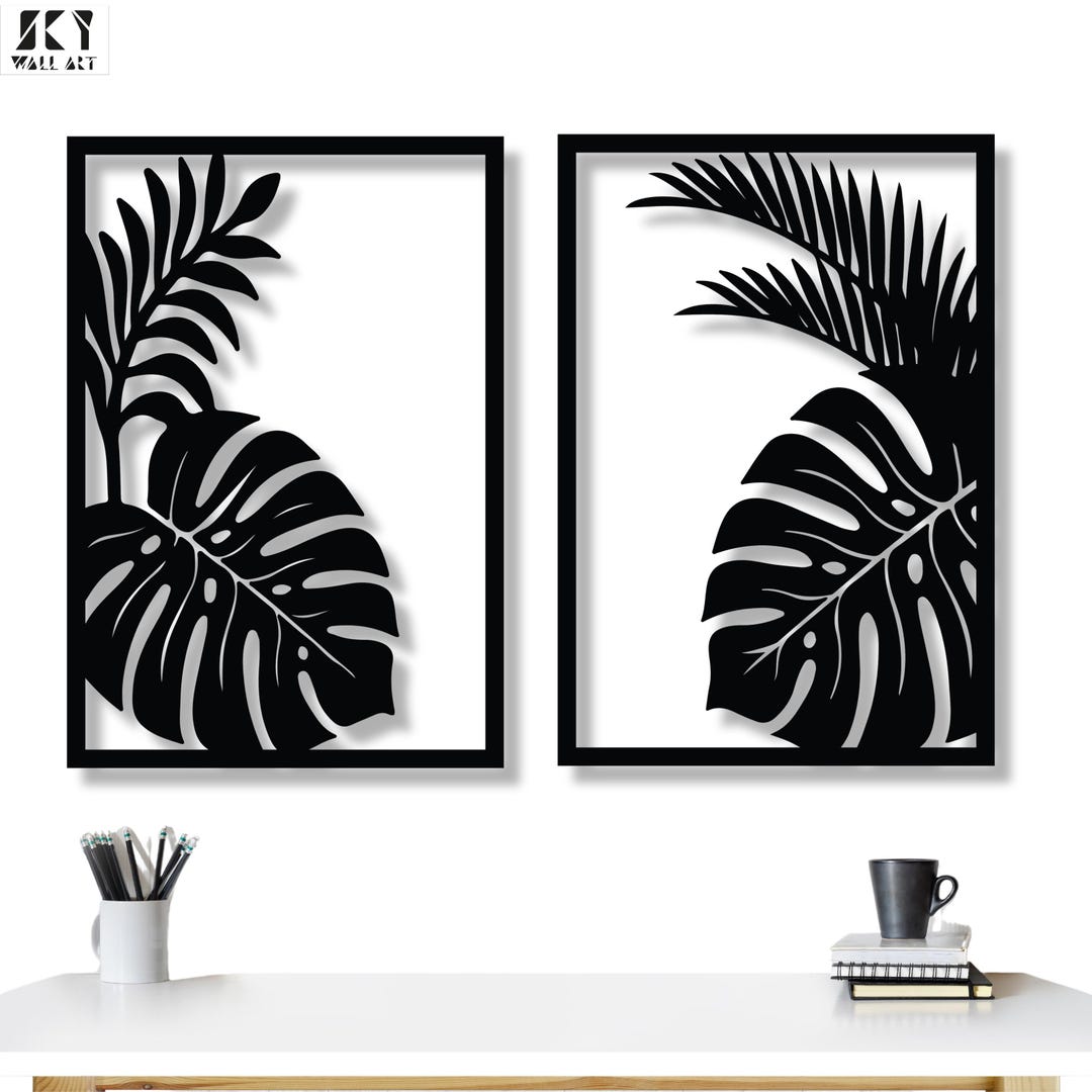 Botanical Metal Wall Art Set of 2, Minimalist Tropical Leaf Panels ...
