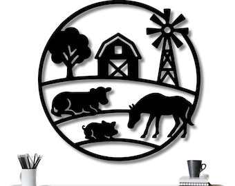 Rustic Farm Scene Metal Wall Art: Cows, Barn, Windmill