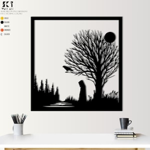 Spooky Tree Metal Wall Art: Halloween Raven Silhouette Decor