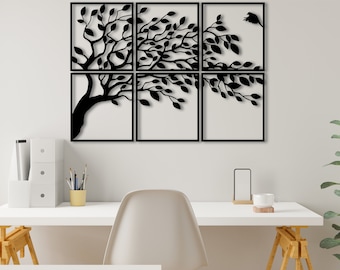 Metalen muurkunst levensboom: decoratieset tak met 6 panelen