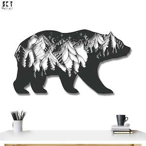 Design orso e foresta, decorazione da parete in metallo, motivo montagna vista notturna, arte da parete in metallo, decorazione da parete scontata, decorazione orso, decorazioni ispiratrici