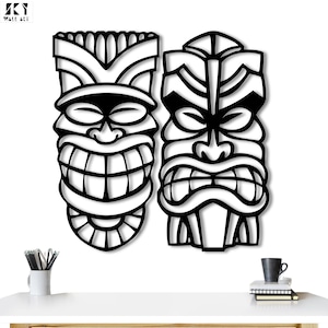 Tiki Mask Metal Wall Art Set, Polynesian Wall Sculpture for Home or Office, Tropical Decor for Living Room or Patio, Handcrafted Tribal Face