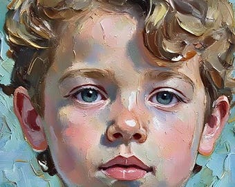 Puede incluir: Retrato de pintura al óleo de una persona joven con piel clara, ojos azules y cabello rubio rizado. El sujeto tiene una ligera sonrisa y está sobre un fondo azul claro. La obra de arte utiliza pinceladas visibles.