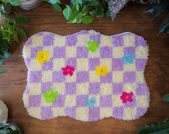 Latch Hook Rug Making Kit - DIY Craft Kit Large Size Rug - Check Me Out Checkered Flowers Y2K