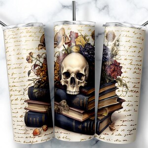 20 oz Skinny Tumbler Sublimation Design Template Old Books Skull Gothic Tumbler Straight Wrap Digital Download PNG