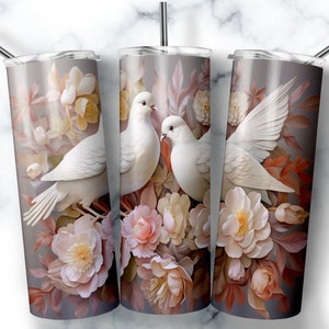 20 oz Skinny Tumbler Sublimation Design Template 3D Doves Floral Tumbler Straight Wrap Digital Download PNG