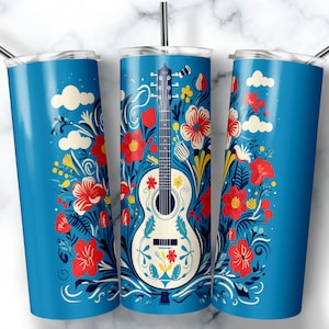 20 oz Skinny Tumbler Sublimation Design Template Acoustic Guitar Floral Tumbler Straight Wrap Digital Download PNG