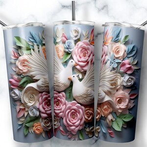 20 oz Skinny Tumbler Sublimation Design Template 3D Doves Floral Tumbler Straight Wrap Digital Download PNG