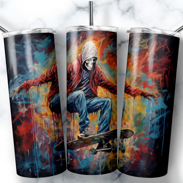 20 oz Skinny Tumbler Sublimation Design Template Skeleton Skateboarder Tumbler Straight Wrap Digital Download PNG