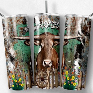 20 oz mager Tumbler sublimatie ontwerpsjabloon Longhorn koe westerse boerderij leven land Tumbler Straight Wrap digitale download, PNG