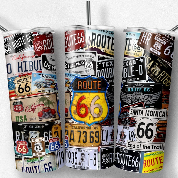 20 oz Skinny Tumbler Sublimation Design Template Route 66 License Plates Tumbler Straight Wrap Digital Download PNG