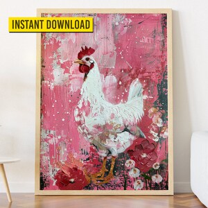 White Chicken Digital Wall Art Design |  Printable Country Wall Art | Farm Digital Painting | Digital Poster Design | Instant Download