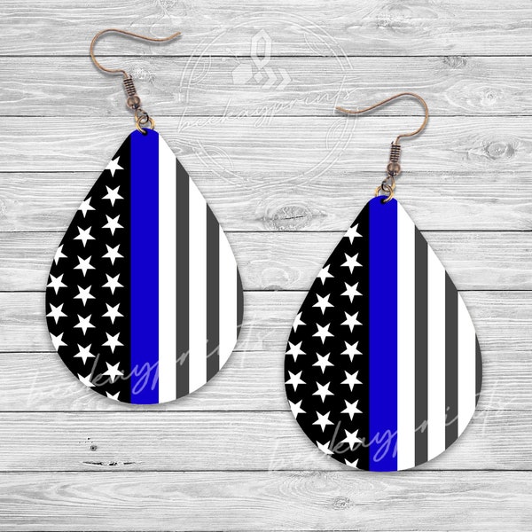 Thin Blue Line Flag Earring, Sublimation Earring Designs Template, Earring Blanks Design, Teardrop Earring PNG, Instant Digital Download