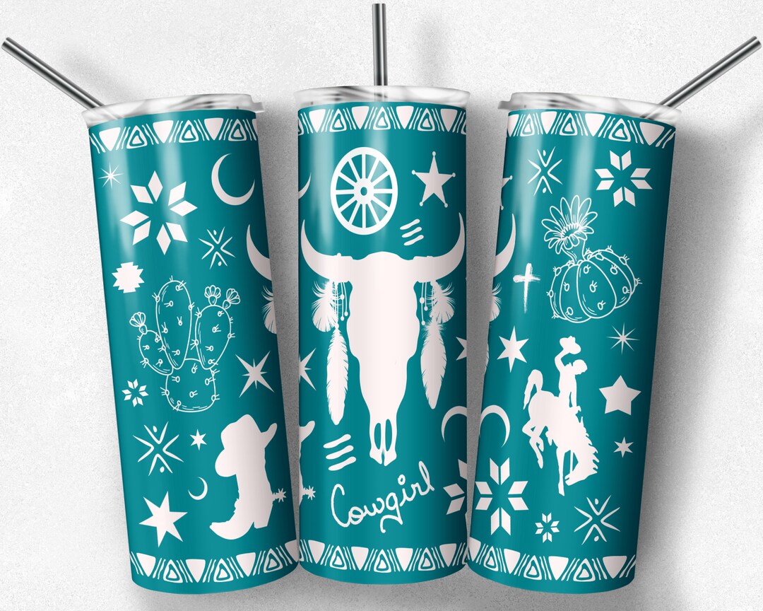 20 Oz Skinny Tumbler Sublimation Design Template Western Boho II Teal ...