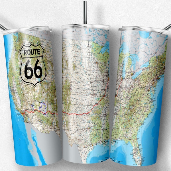 20 oz Skinny Tumbler Sublimation Design Template Route 66 US map Tumbler Straight Wrap Digital Download PNG