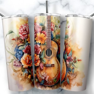 20 oz Skinny Tumbler Sublimation Design Template Acoustic Guitar Floral Tumbler Straight Wrap Digital Download PNG