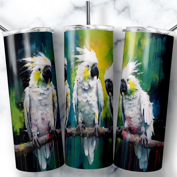 20 oz Skinny Tumbler Sublimation Design Template Cockatoo Parrots Tumbler Straight Wrap Digital Download PNG
