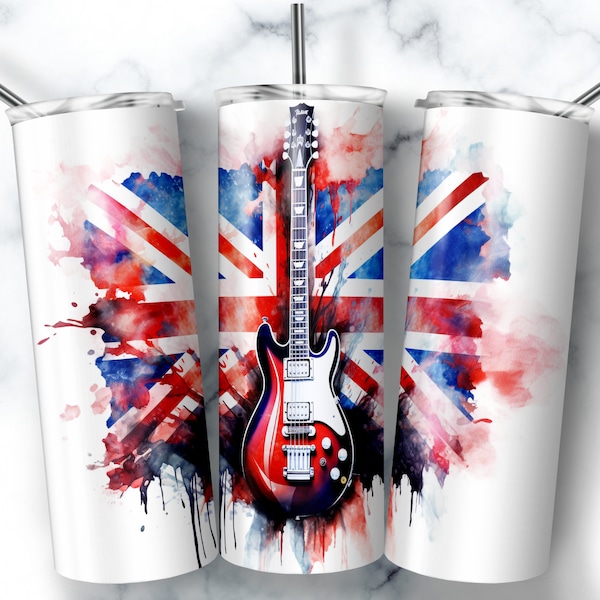 20 oz Skinny Tumbler Sublimation Design Template British Flag with Electric Guitar Tumbler Straight Wrap Digital Download PNG