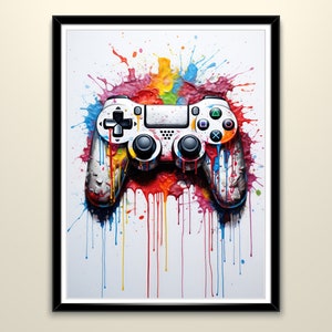 May include: A white video game controller with colorful paint splatters and drips. The controller has a black d-pad, four buttons, and two analog sticks.