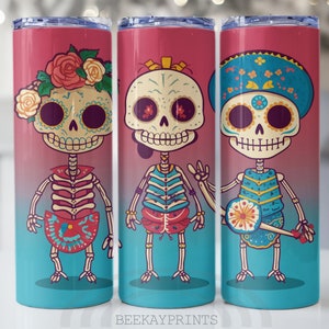20 oz Skinny Tumbler Sublimation Design Template Kawaii Mexican Skeletons Tumbler Straight Wrap Digital Download PNG