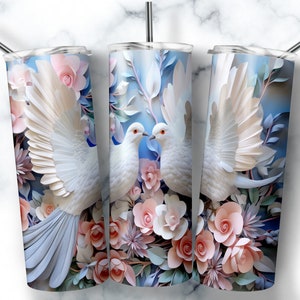 20 oz Skinny Tumbler Sublimation Design Template 3D Doves Floral Tumbler Straight Wrap Digital Download PNG