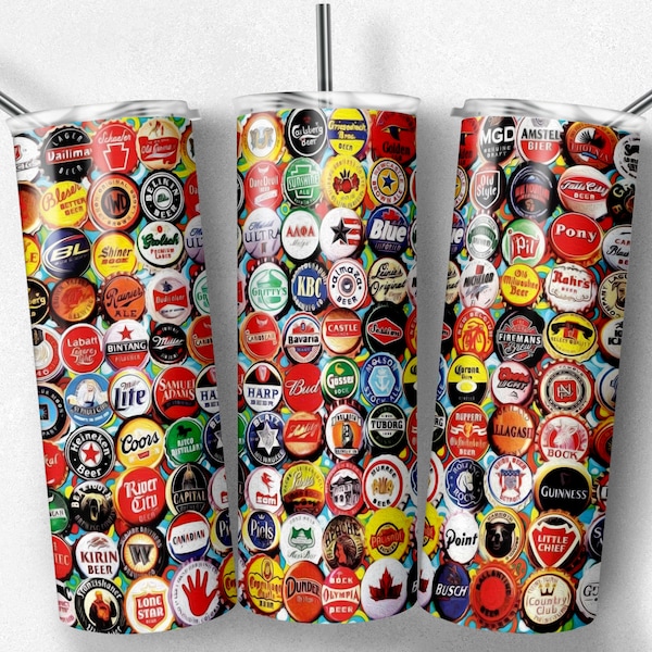 20 oz Skinny Tumbler Sublimation Design Template Beer Bottle Caps Tumbler Straight Wrap Digital Download PNG