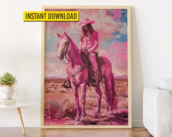Pink Cowgirl Horse Riding Art: Western Poster Design (Digital Download)