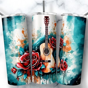 20 oz Skinny Tumbler Sublimation Design Template Acoustic Guitar Floral Tumbler Straight Wrap Digital Download PNG